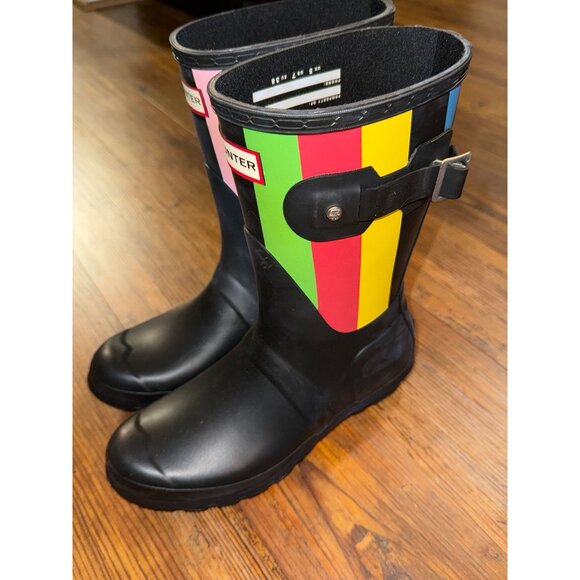 Hunter Women's Black Multi Striped Rain Boots - Size 7 US - New - Picture 11 of 14